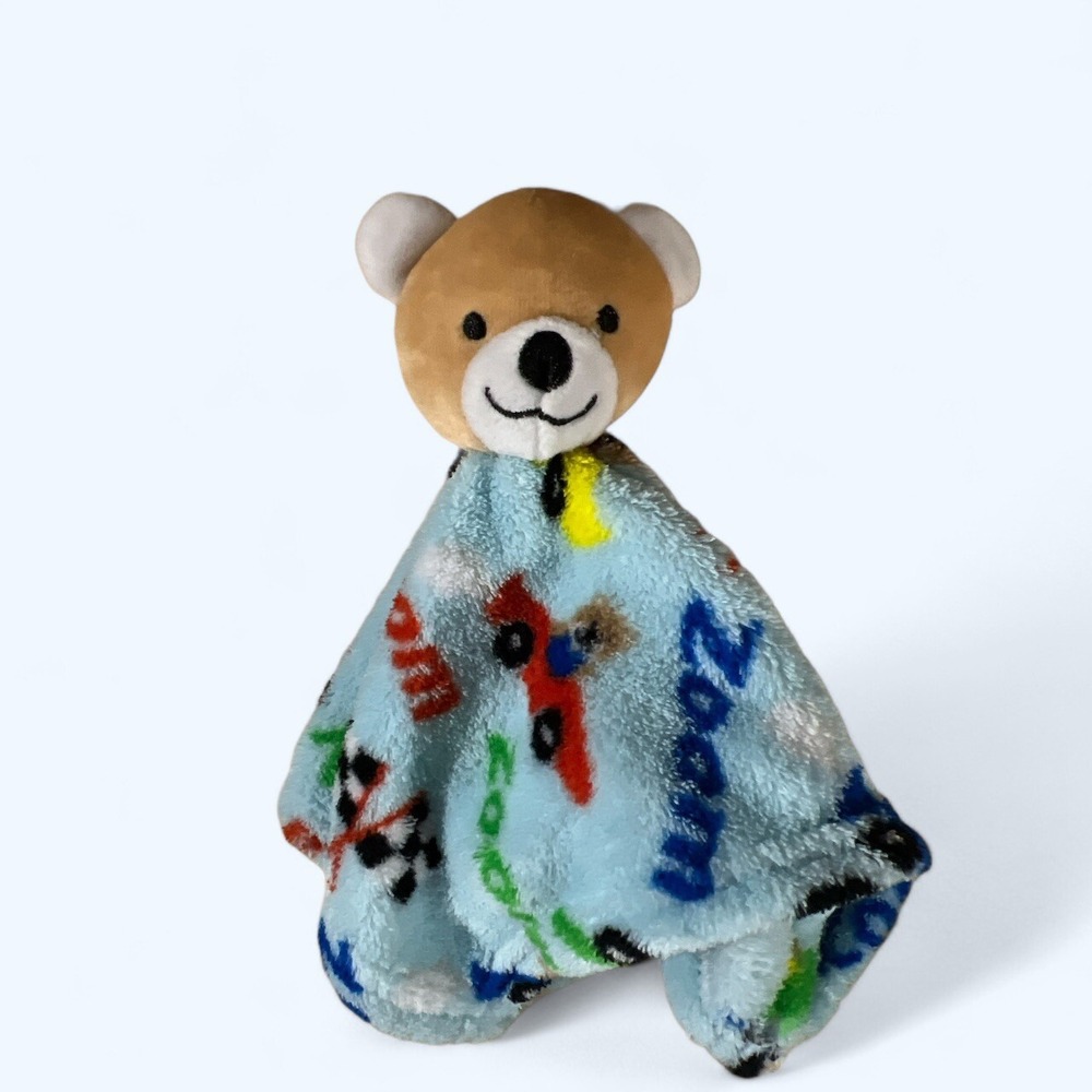 Kidget  Blue Teddy Bear Zoom Race Cars Baby Blanket Security Lovey